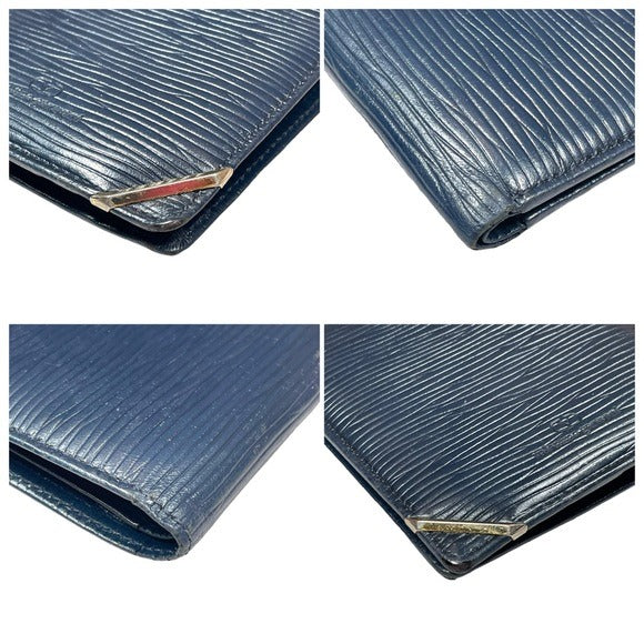 Valentino Garavani Navy Blue Woodgrain Leather Goldtone Corner Bi-Fold Wallet