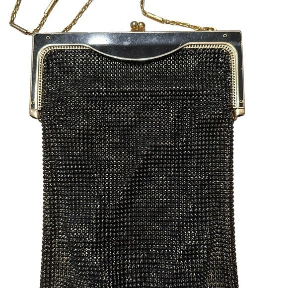Whiting & Davis Black Gold Shoulder Metal Mesh Kiss-Lock Hollywood Regency Purse
