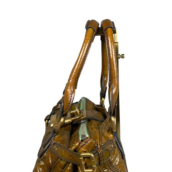 Chloe Bronze Blue Stitch Patent Leather Large Paddington Lock Shoulder Bag Tote