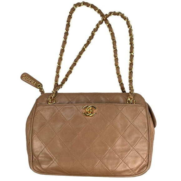 Chanel Quilted CC Dual Handle 24K Plated Sandstone Lambskin Shoulder Pur…