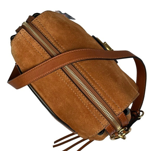 Chloe Classic Nubuck Suede Tan Brown Gold Zippy Shoulder Purse Bag Boxy Flap