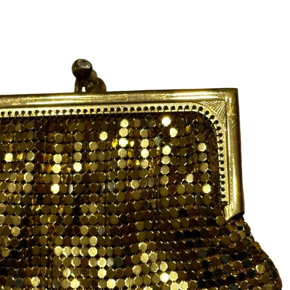 Whiting & Davis Mini Gold Metal Mesh Frame Rhinestone Kiss-Lock Coin Card Clutch