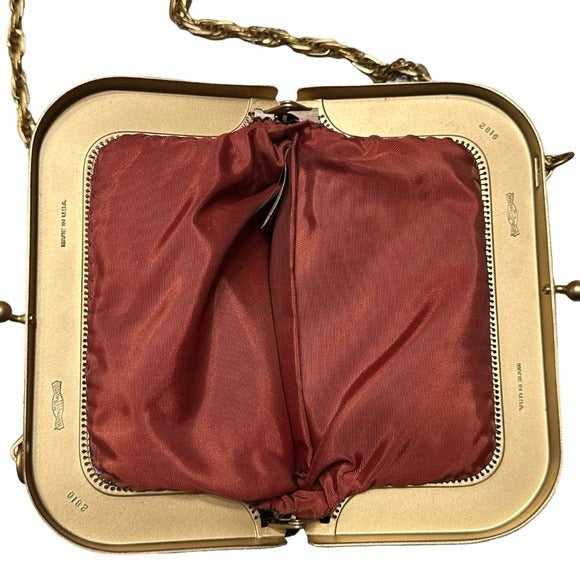 Whiting & Davis Brushed Gold Metal Mesh Shoulder Kiss-Lock Wristlet Clutch Purse