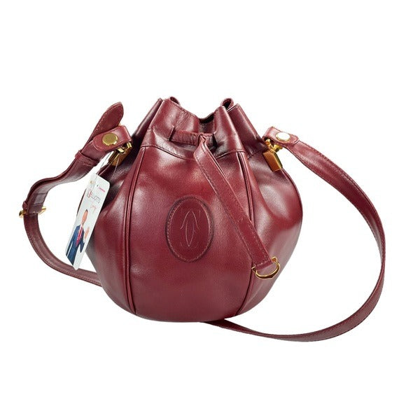 Cartier Burgundy Leather Medium Bucket Drawstring Crossbody Adjustable Purse