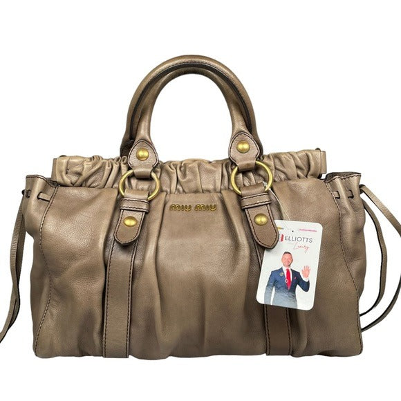 Miu Miu Leather Earthy Brown Brass Hardware Convertible Tote Handbag Purse
