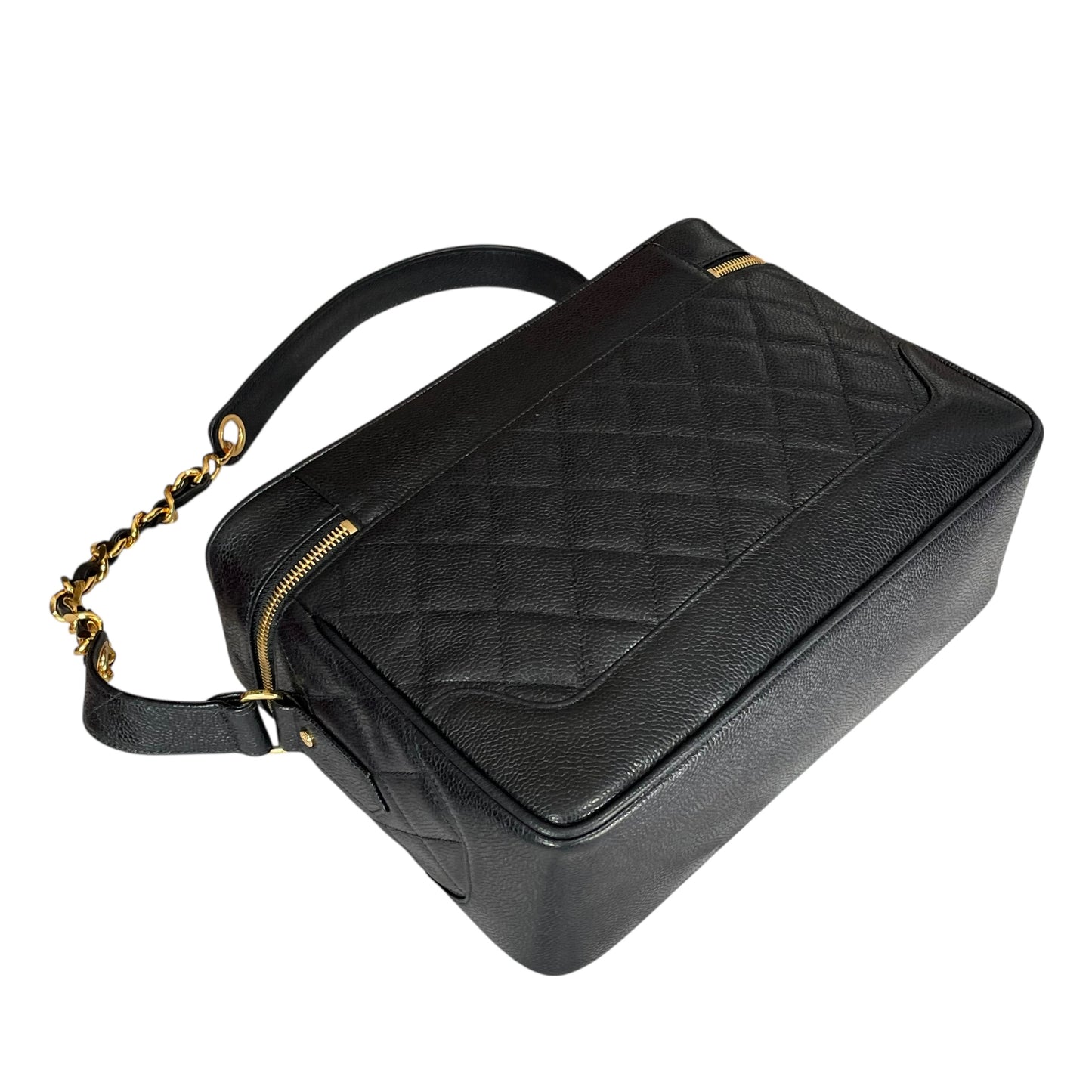 Chanel CC Cosmetic Camera Tolietry Vanity Caviar Black Leather 24K Plated 2 Way Purse