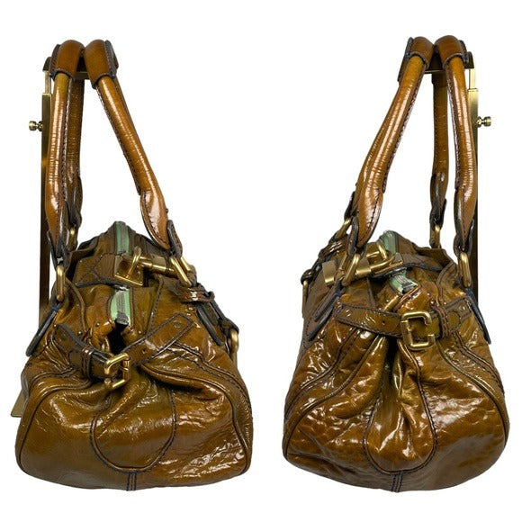 Chloe Bronze Blue Stitch Patent Leather Large Paddington Lock Shoulder Bag Tote