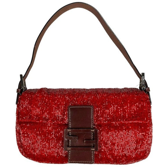 Fendi Red Metallic Baguette Beaded Brown Leather Strap Shoulder Flap Bag