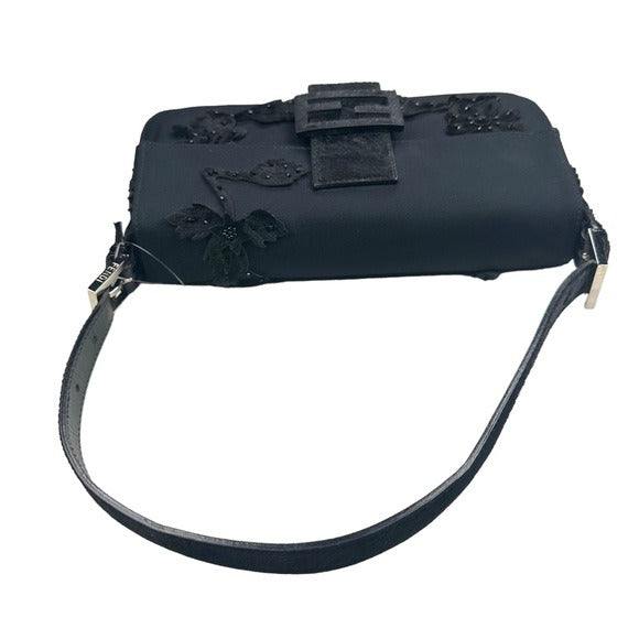 Fendi Black Beaded Appliqué Floral Pony Hair Detail & Strap Flap Baguette