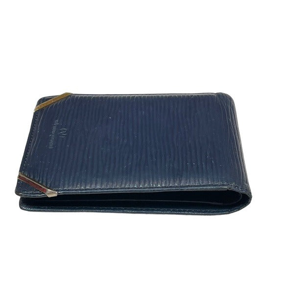 Valentino Garavani Navy Blue Woodgrain Leather Goldtone Corner Bi-Fold Wallet