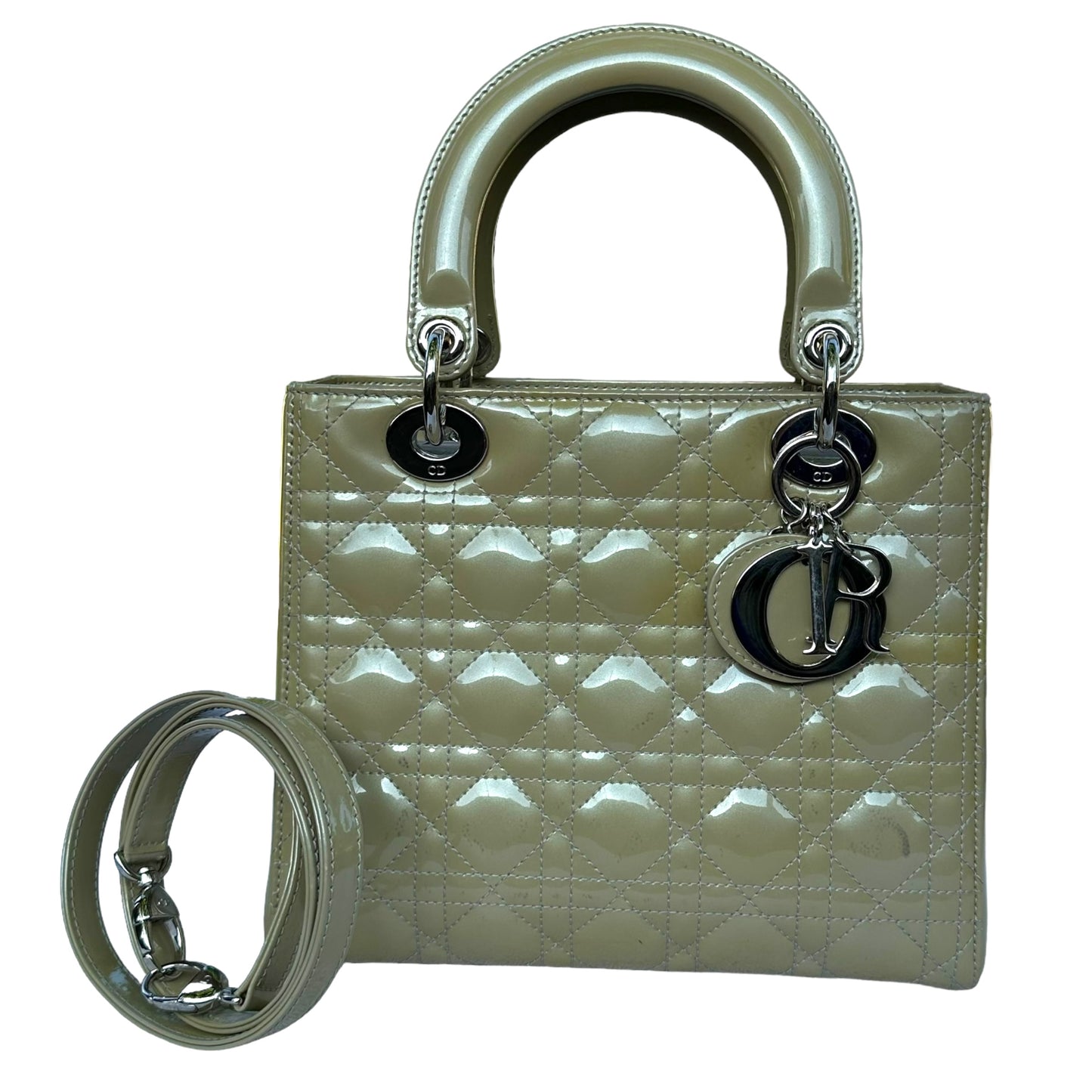 Christian Dior Lady Green Pearl Silver Cannage Patent Leather Zip Two-Way Purse