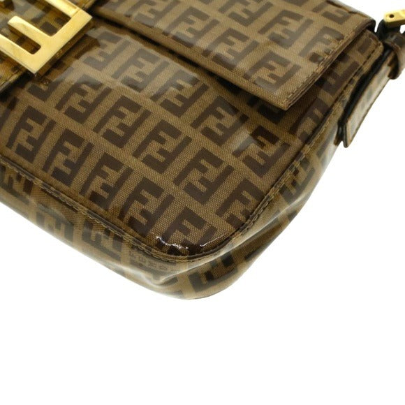 Fendi Zucchino Coated Canvas Baguette Shoulder Leather Strap Bag Beige Purse