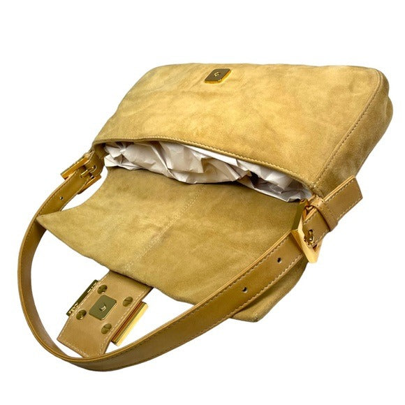 Fendi FF Glitter Tan Leather Gold Flap Bag Logo Suede Baguette Shoulder Purse