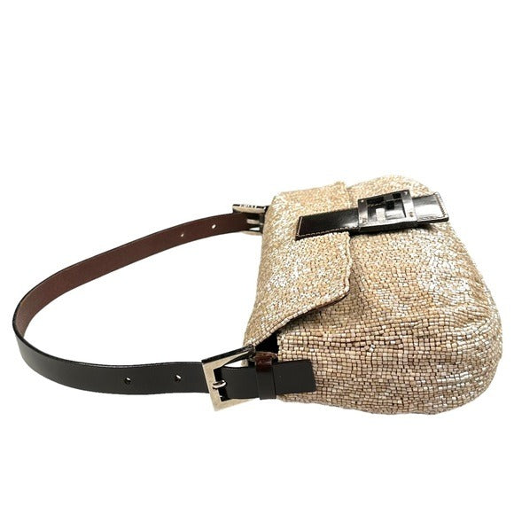Fendi Champagne Beaded Baguette Brown Leather Strap Shoulder Purse