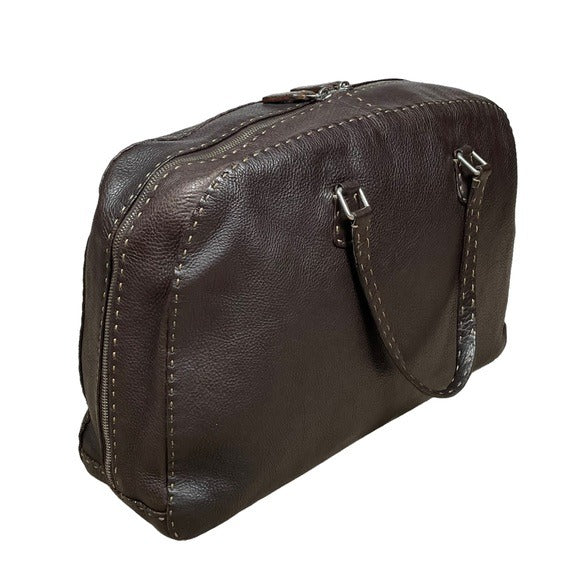 Fendi Selleria Pebbled Coco Leather Stitched Boston Travel Bag