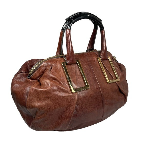 Chloe XL Ethel Two Tone Patent Leather Brown Black Zippy Oval Handbag Tote Purse