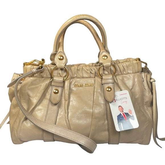 Miu Miu Rippled Gold Leather Shoulder Purse Two-Way Crossbody Zip Bag