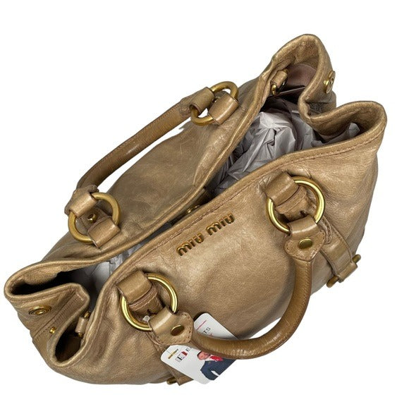 Miu Miu Golden Wheat Leather Crossbody Satchel Purse Snap Zip Blush Satin Bag