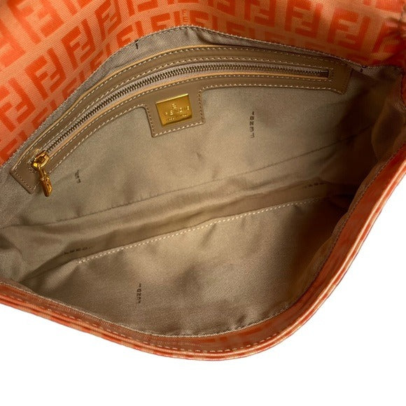 Fendi Orange Crush Coated Canvas Zucchino Baguette Flap Shoulder Purse Bag