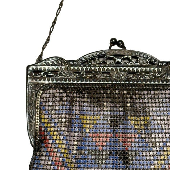 Whiting Davis Sterling Plated DresDen Metal Mesh Flapper Kiss Lock Mini Clutch