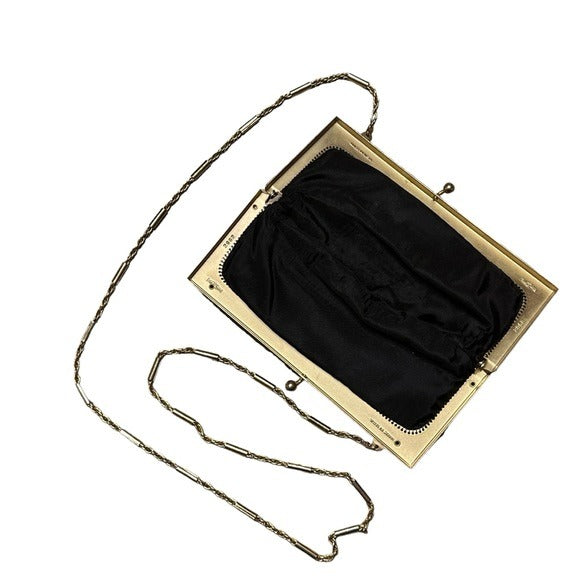 Whiting & Davis Black Gold Shoulder Metal Mesh Kiss-Lock Hollywood Regency Purse
