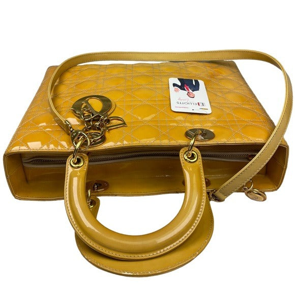 Christian Dior Lady Medium Patent Mustard Cannage Two-Way Top Handle Tote Purse
