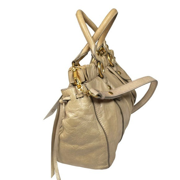 Miu Miu Rippled Gold Leather Shoulder Purse Two-Way Crossbody Zip Bag