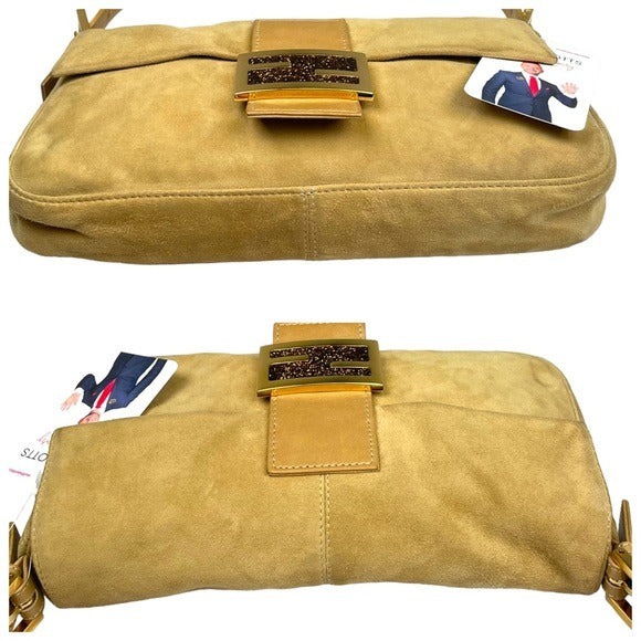 Fendi FF Glitter Tan Leather Gold Flap Bag Logo Suede Baguette Shoulder Purse