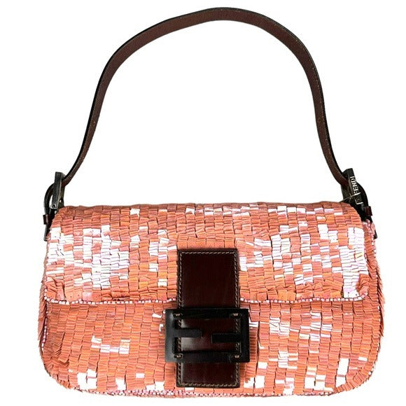 Fendi Pink Coral Iridescent Sequin Baguette Flap Brown Leather Shoulder Bag