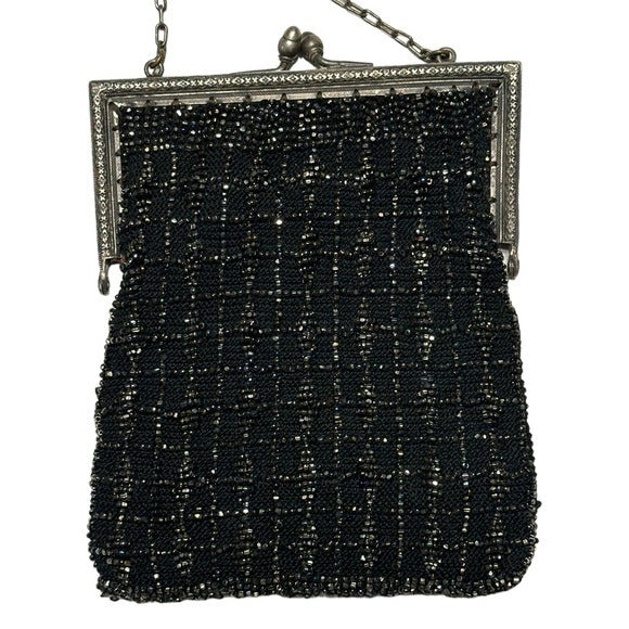 Whiting Davis Sterling Plated Black Kiss-Lock Evening Beaded Wovens Mesh Clutch
