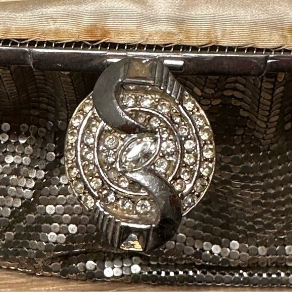 Whiting & Davis Rhinestone Clip Lock Metal Mesh Clutch Wristlet Silver Purse