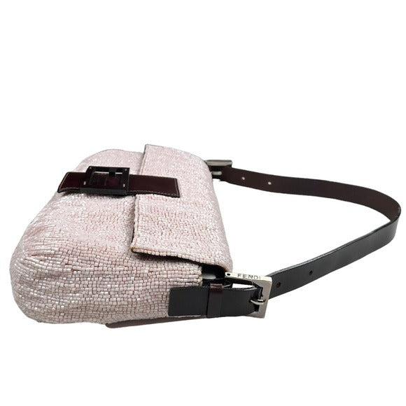 Fendi Baguette Pink Beaded Flap Silver Brown Leather Shoulder Purse