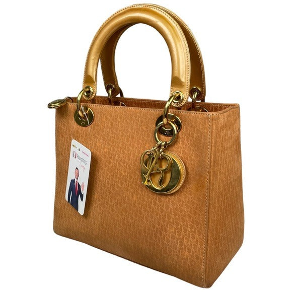 Christian Dior Lady Monogram Suede Tan Golden Handle Enamel Leather Top Handle