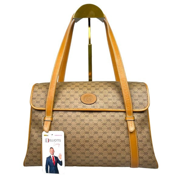Gucci GG Micro Satchel Canvas Leather Tan Three File Shoulder Tote Purse Bag