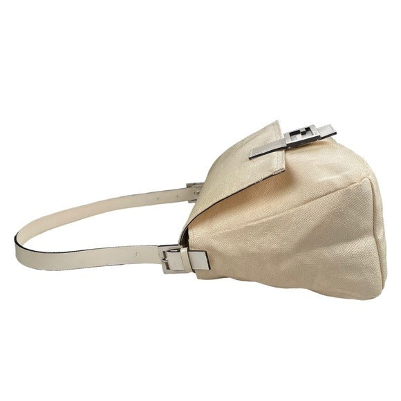 Fendi Mama Baguette Micro Woven Canvas White Strap Leather Logo