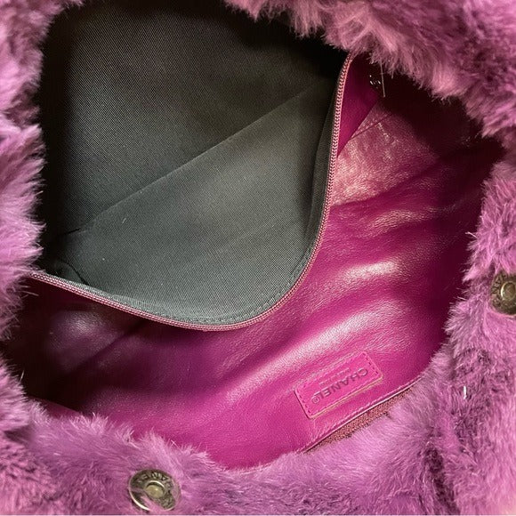 Chanel CC Antique Brushed Hardware Leather Chain Large Rabbit Fur Purple Purse