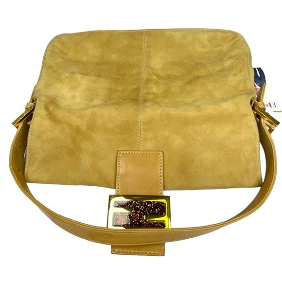 Fendi FF Glitter Tan Leather Gold Flap Bag Logo Suede Baguette Shoulder Purse
