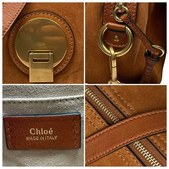 Chloe Classic Nubuck Suede Tan Brown Gold Zippy Shoulder Purse Bag Boxy Flap