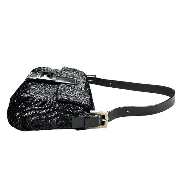 Fendi Black Silver Beaded Baguette Leather Strap Shoulder Purse Flap Bag