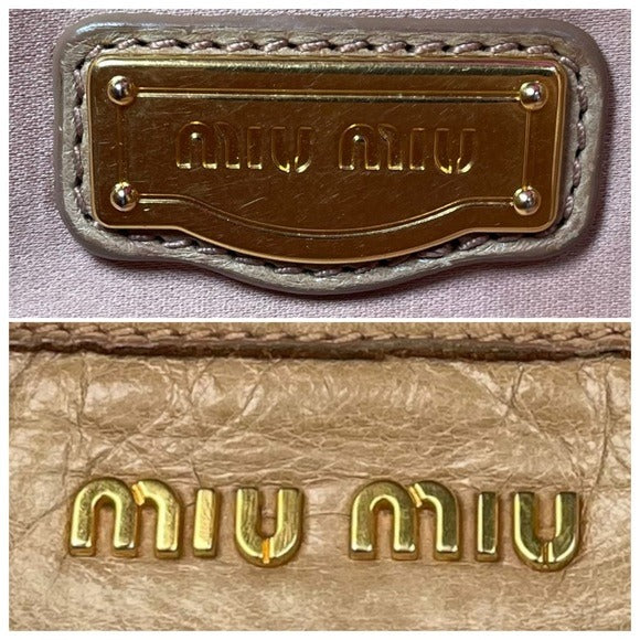 Miu Miu Golden Wheat Leather Crossbody Satchel Purse Snap Zip Blush Satin Bag