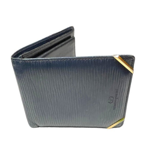 Valentino Garavani Navy Blue Woodgrain Leather Goldtone Corner Bi-Fold Wallet
