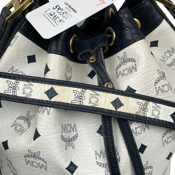 MCM Blue & White Viestos Coated Canvas Leather Drawstring Bucket Crossbody Bag Purse