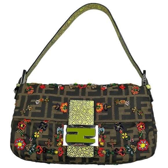 Fendi Zucca Baguette Lime Python Beaded Multi Floral