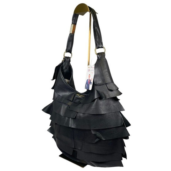 YSL Black Saint Tropez Patch Gathered Layered Lambskin Shoulder Large Bag Hobo