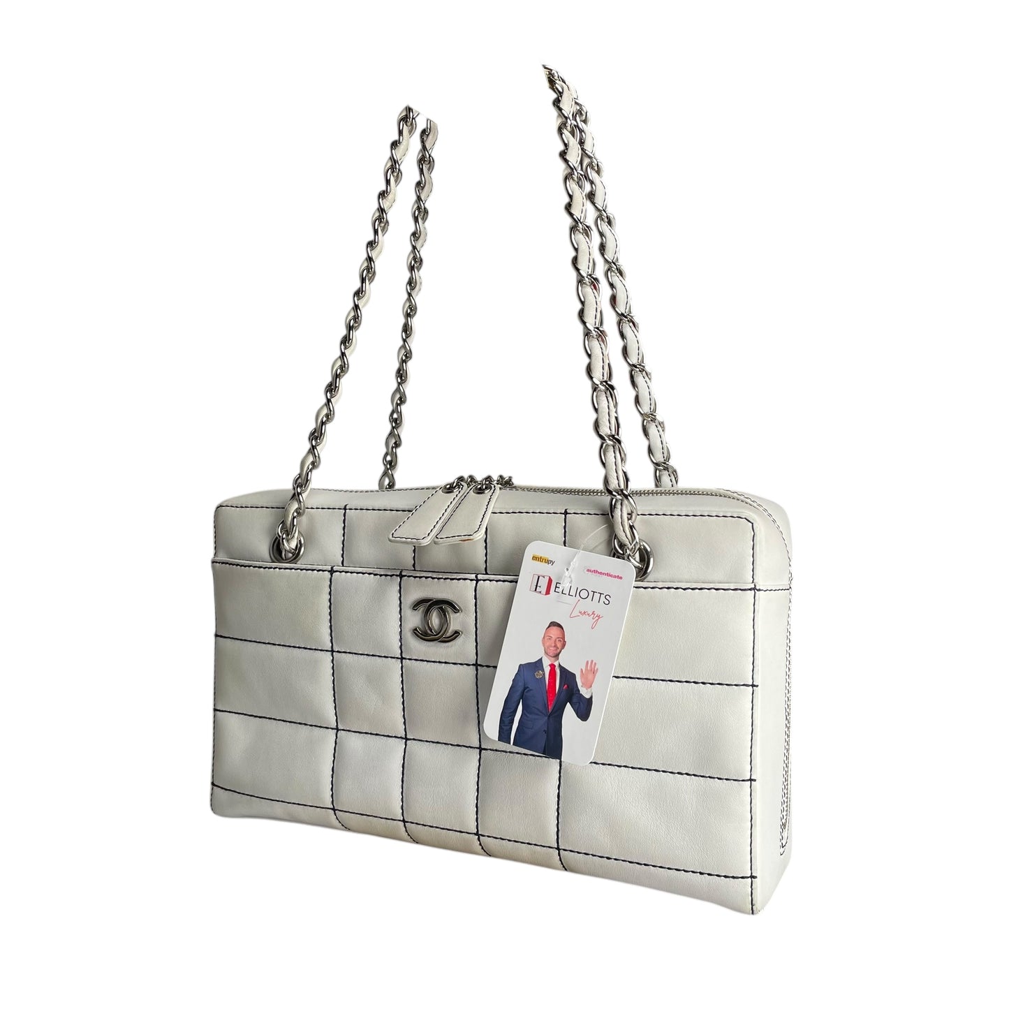 Chanel CC Timeless White Chocolate Bar Wildstitch Navy Blue SHW Shoulder Purse