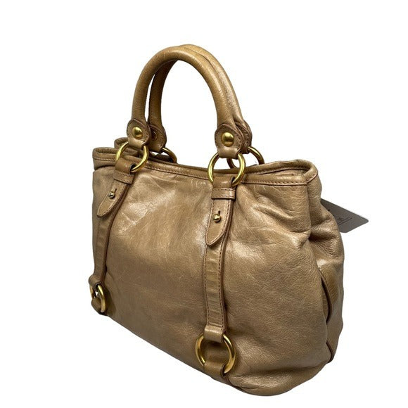 Miu Miu Golden Wheat Leather Crossbody Satchel Purse Snap Zip Blush Satin Bag