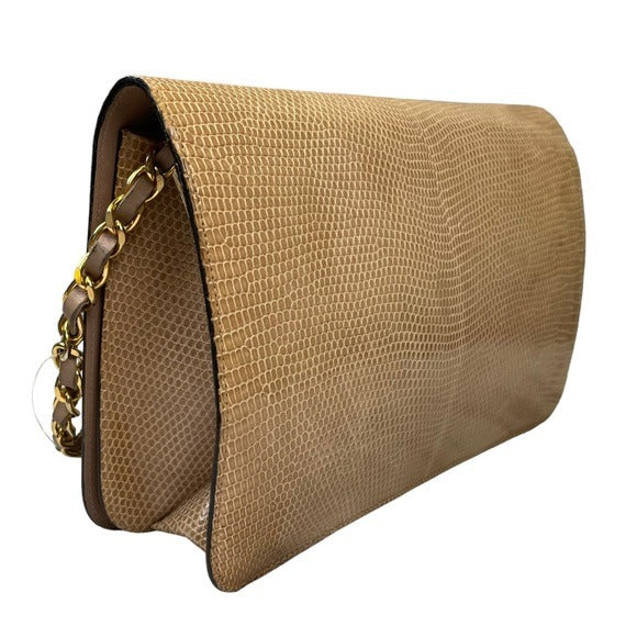 Chanel CC Exotic Lizard Single Flap 24K Plated Lambskin Snap Closure Purse Bag