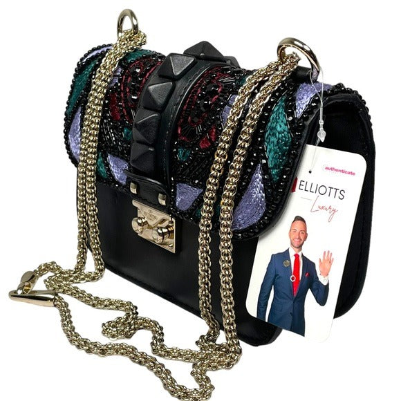 Valentino Garavani Beaded Rock Studded Chain Black Leather Multi Cross Bod Minu Bag