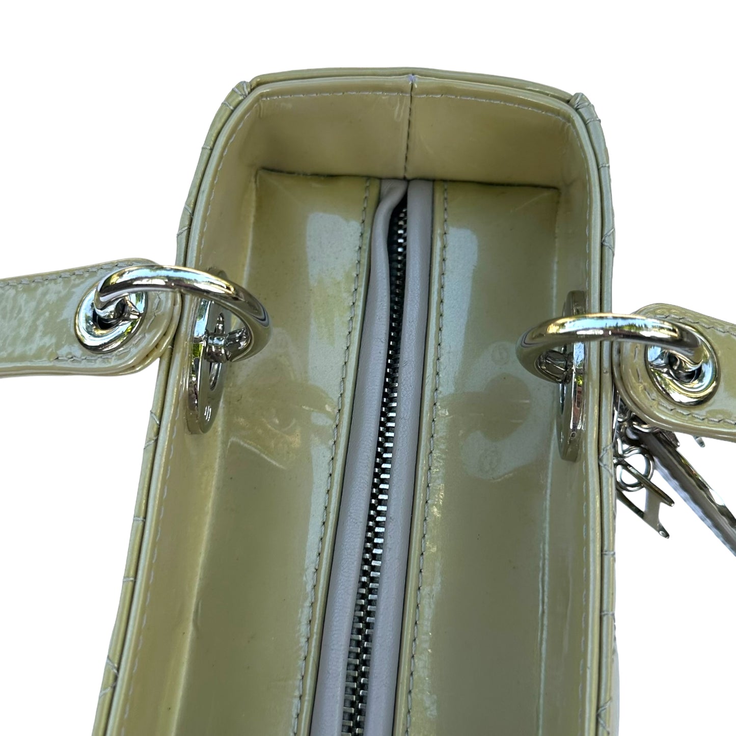 Christian Dior Lady Green Pearl Silver Cannage Patent Leather Zip Two-Way Purse