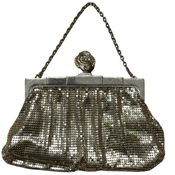 Whiting & Davis Rhinestone Clip Lock Metal Mesh Clutch Wristlet Silver Purse